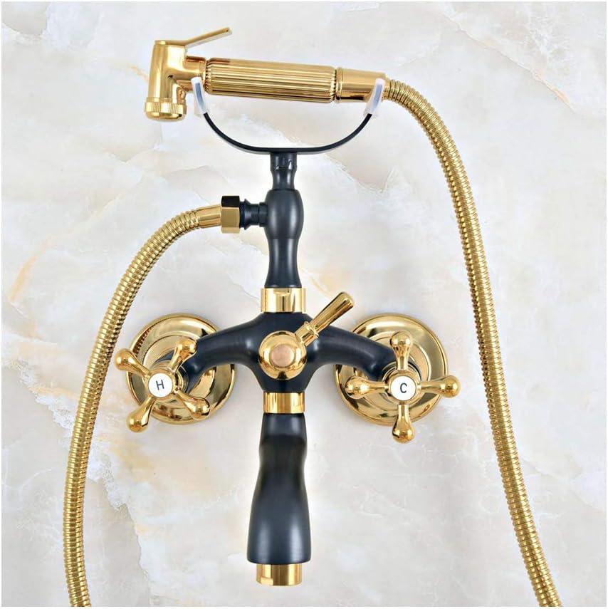 Bathtub Faucet with Cold and Hot Water Wall Mounted Brass Shower Tap Dual Handle Set with Bidet Spray Head, Spout, Gold and Black