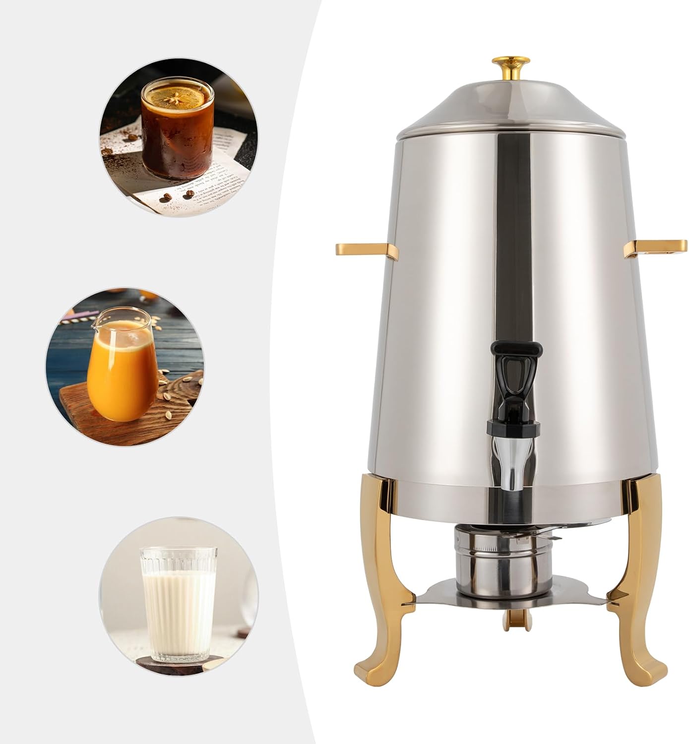 3.43 Gallon/13L Hot Beverage Dispenser,Food Grade Stainless Steel Coffee Chafer Hot Drinks Dispenser with Faucet&Fuel Tray,Alcohol-heating for Home,Hotel,Party,Restaurant,Gold