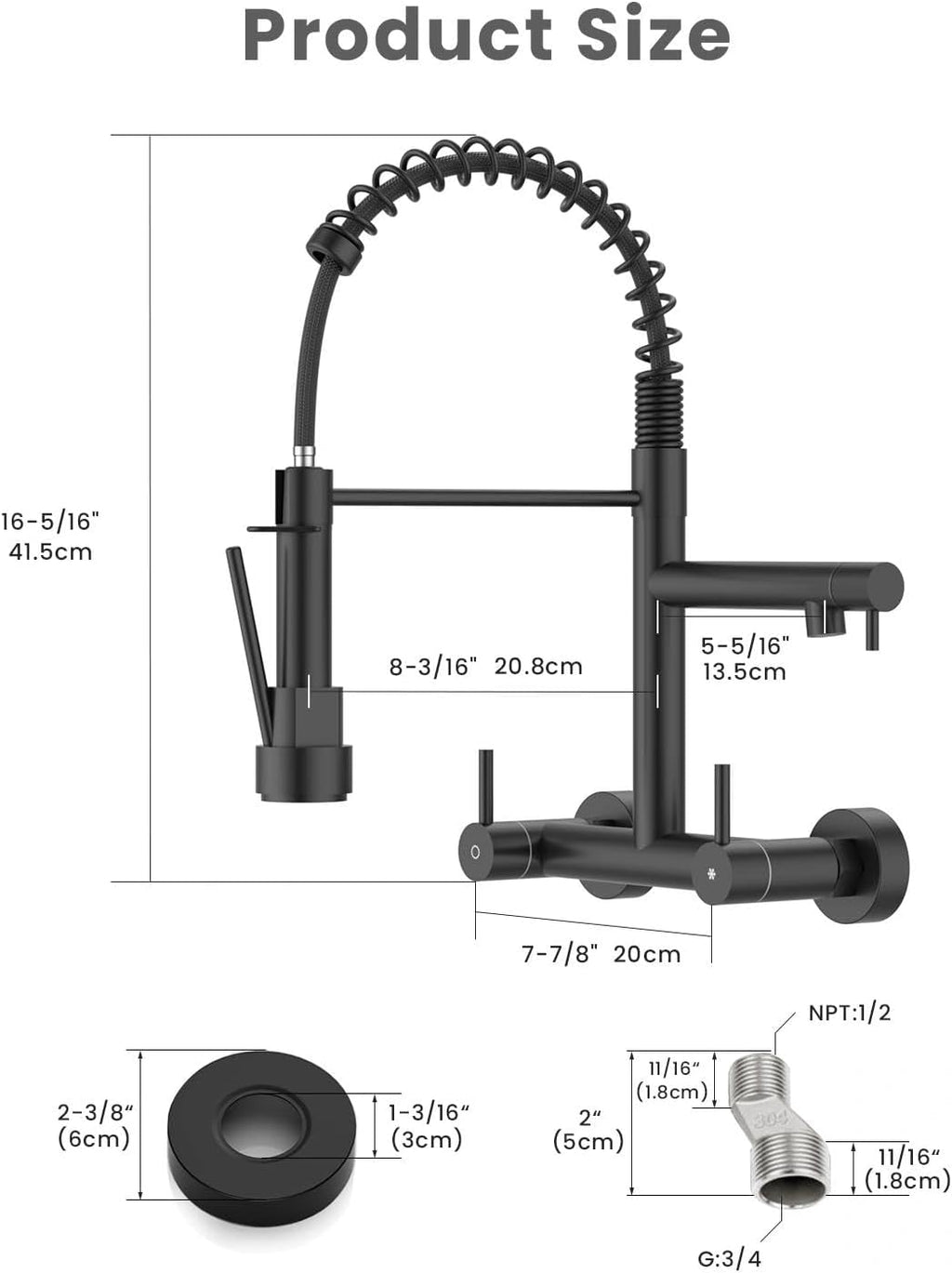 Wall Mount Kitchen Faucet with Pull Down Sprayer, 8 Inch Center Commercial Matte Black Kitchen Sink Faucet, 304 Stainless Steel 2 Handle Sink Faucet for Kitchen
