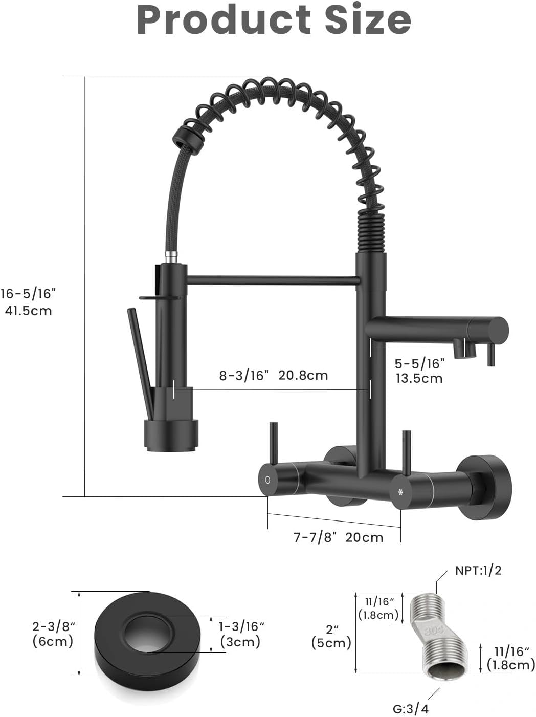 Wall Mount Kitchen Faucet with Pull Down Sprayer, 8 Inch Center Commercial Matte Black Kitchen Sink Faucet, 304 Stainless Steel 2 Handle Sink Faucet for Kitchen
