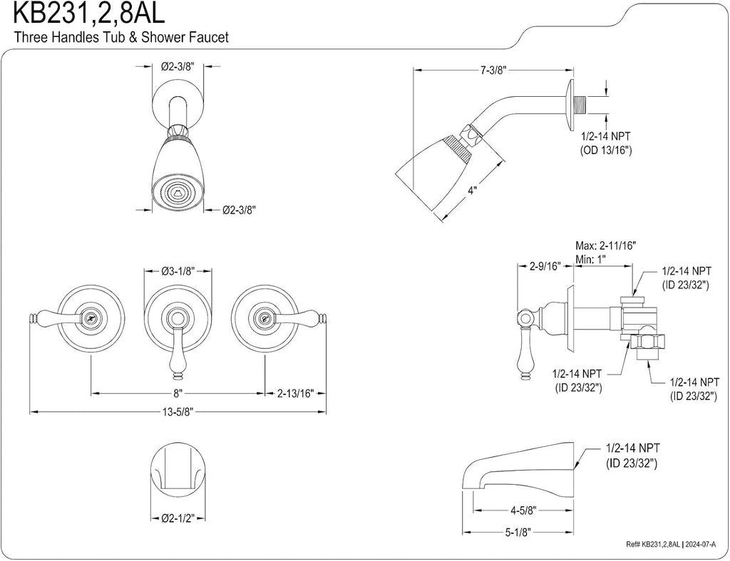 Kingston Brass KB238AL Tub and Shower Faucet with 3-Lever Handles, Satin Nickel,5-Inch Spout Reach