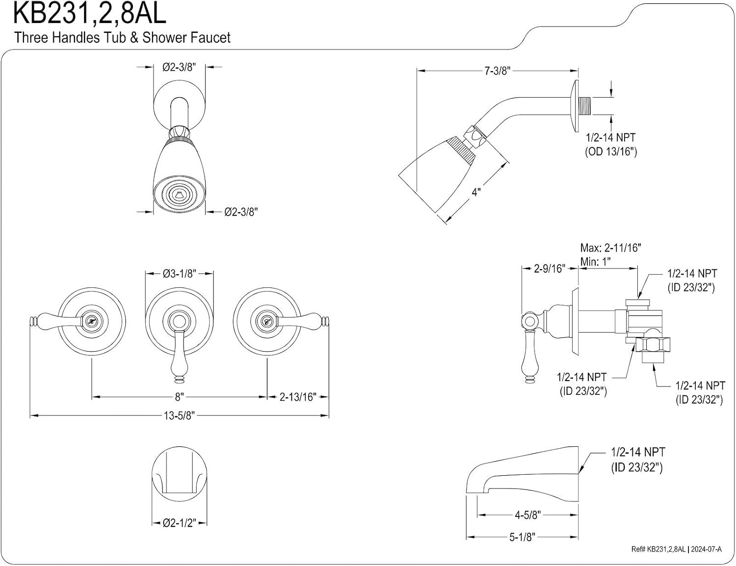 Kingston Brass KB238AL Tub and Shower Faucet with 3-Lever Handles, Satin Nickel,5-Inch Spout Reach