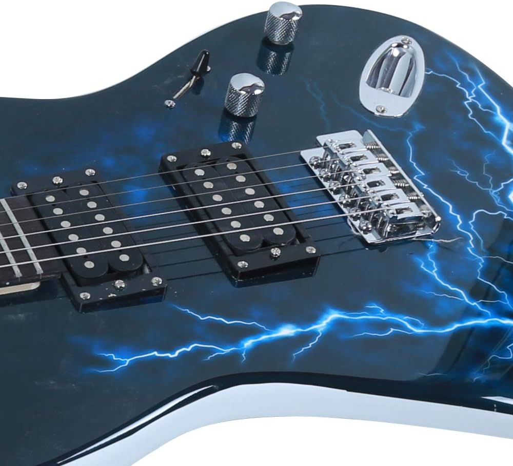 Full Size Electric Guitar Kit,39 Inch Beginner Electric Guitar,Complete Electric Guitars Set with Bag, Shoulder Strap, Power Wire, Wrench Tool,Tremolo Arm and Picks,White and Dark Blue