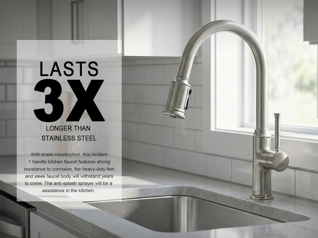 Lava Odoro Curtura Brushed Nickel Kitchen Faucet with Pull Down Sprayer, Brass Kitchen Sink Faucet Single Handle Pull-Down Kitchen Faucet for Sink 1 Hole and 3 Hole, Deck Plate Included, KF421-BN