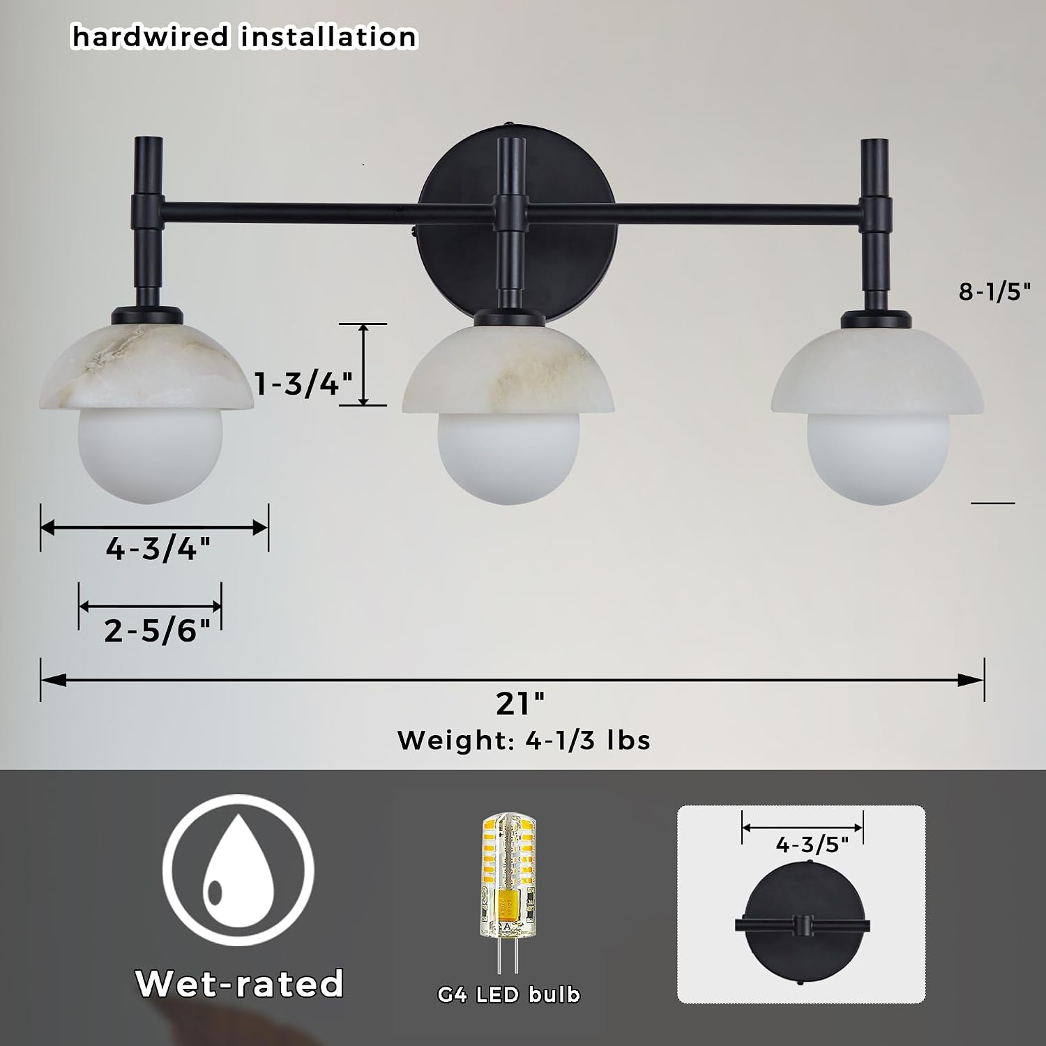 Alabaster 3-Light Wall Sconce, 20 Inch Modern Natural Marble Bathroom Vanity Sconce, Matte Black Alabaster Sconce Wall Lighting, Hand-Carved Wall Light Fixtures Decor for Hallway, Bathroom (Black)