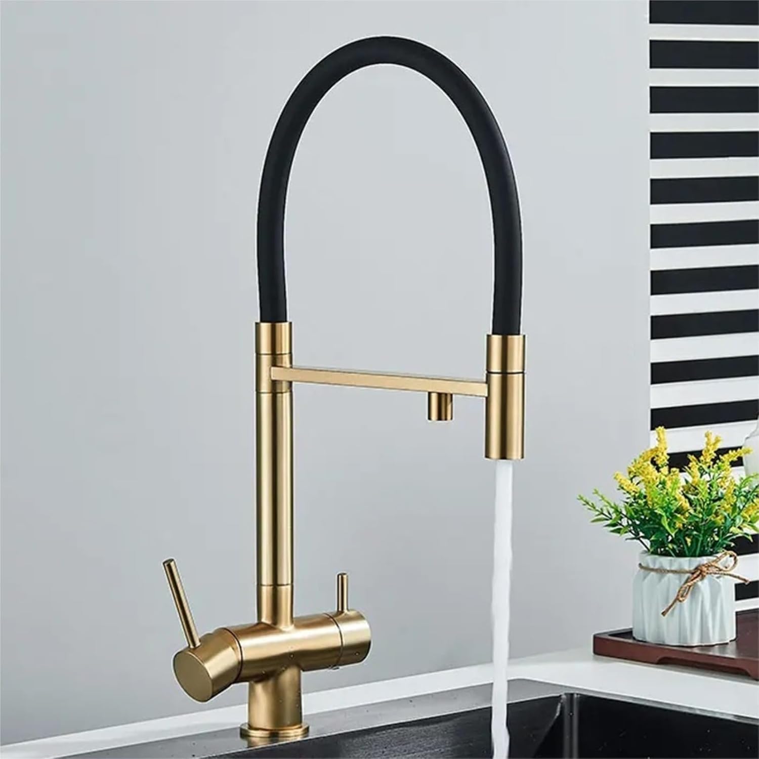 Kitchen Purified Faucets Dual Handle Cold Hot Water Mixer Crane Tap Filter Water Modern Tap(Brushed Gold)