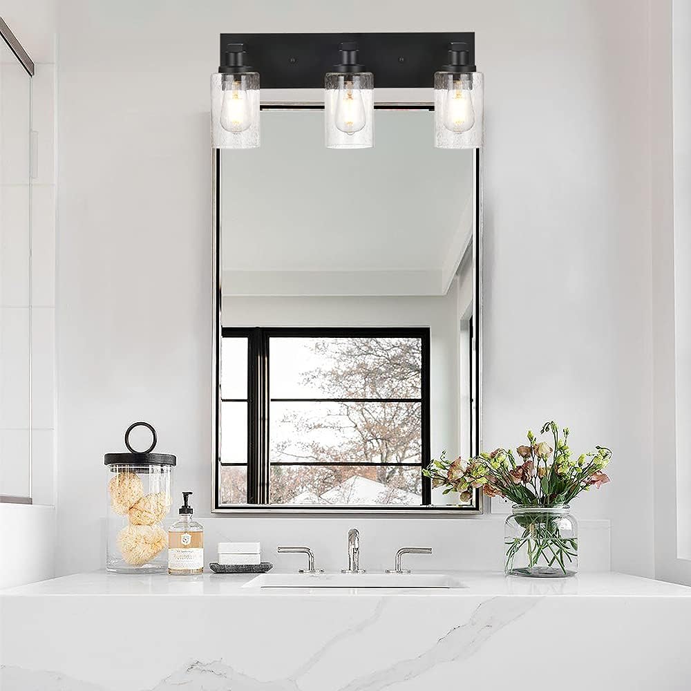 Vanity Lights 3-Lights Bathroom Light Fixtures Over Mirror in Black Finished, Bath Wall Lighting with Cylinder Seeded Glass