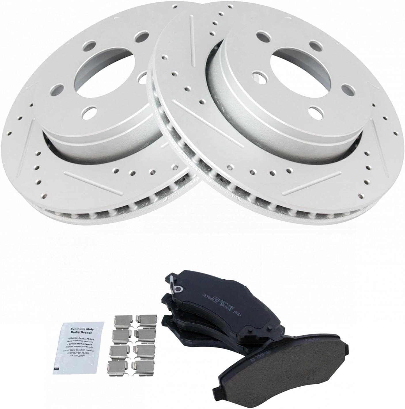 TRQ Performance Front Brake Pad and Rotor Set Ceramic Coated Drilled Slotted Vented Rotors Compatible with 2007-2011 Dodge Nitro 2008-2012 Jeep Liberty