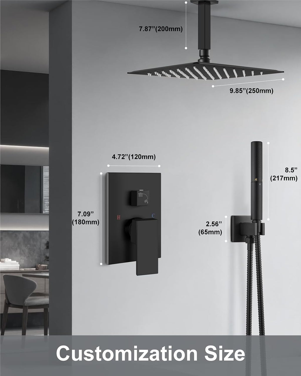 Aolemi Ceiling Mount Shower Faucet Set,Shower System Rain Showerhead and Handheld Spray Combo High-Pressure Showerheads Set with Valve and Trim Kit Rough-in Valve,10 Inch Matte Black