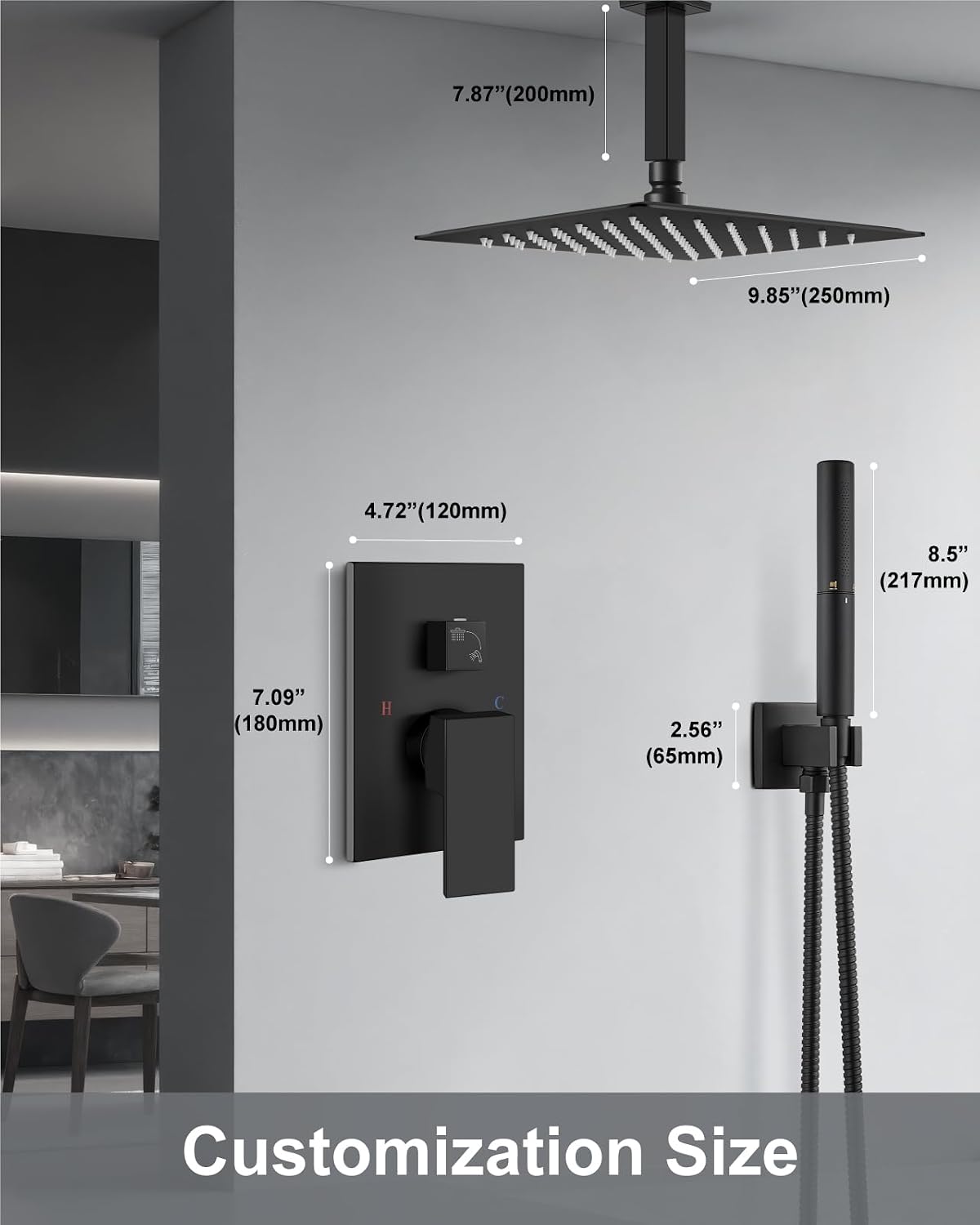 Aolemi Ceiling Mount Shower Faucet Set,Shower System Rain Showerhead and Handheld Spray Combo High-Pressure Showerheads Set with Valve and Trim Kit Rough-in Valve,10 Inch Matte Black