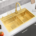 Kitchen Sink 304 Stainless Home Sink Kitchen, Double Gold Sink Kitchen, with Faucet, Clean Faucet, Soap Dispenser, Cutting Board and Accessories,Gold C-78x46cm