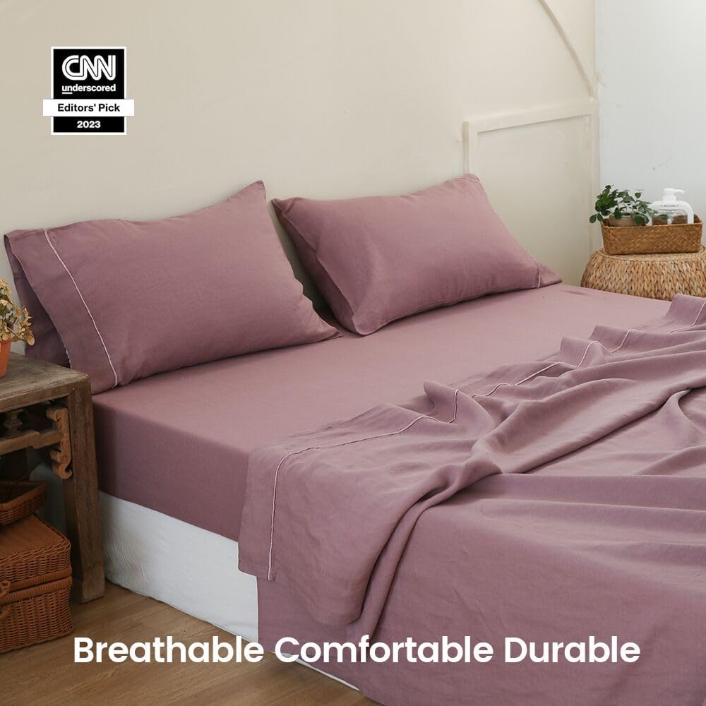 Simple&Opulence 100% Linen Sheet Set with Embroidery Washed - 4 Pieces (1 Flat Sheet & 1 Fitted Sheet & 2 Pillowcases) Natural Flax Soft Bedding Breathable Farmhouse - Purple, King Size