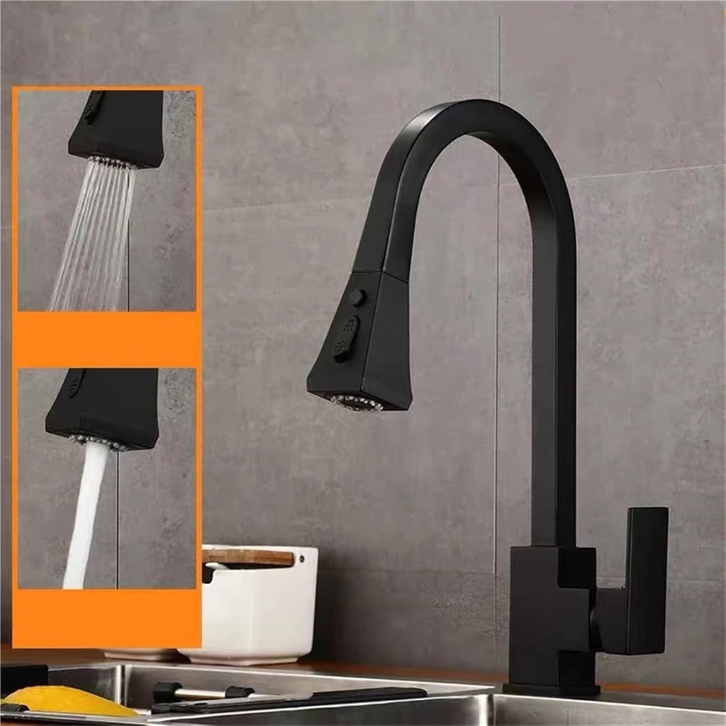 Kitchen Faucets Copper 360 Rotate Pull Out Tap Kitchen Faucet Button Switch Cold Hot Water Sink Mixer Taps(Black 1,Hose Size 1-2)