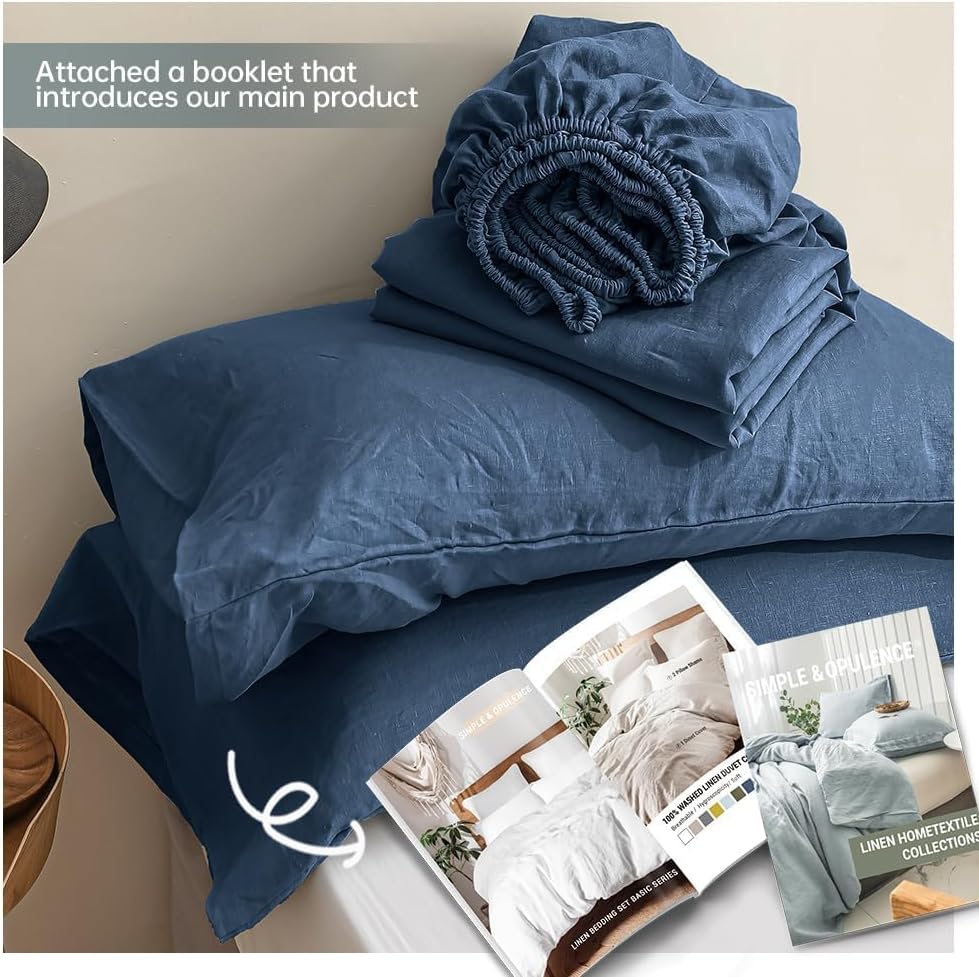 Simple&Opulence 100% Linen Sheets California King Size Set, 4 Pcs Natural French Linen Bed Sheets, Breathable Soft Durable Bedding Set for All Season (Classic Blue, California King)