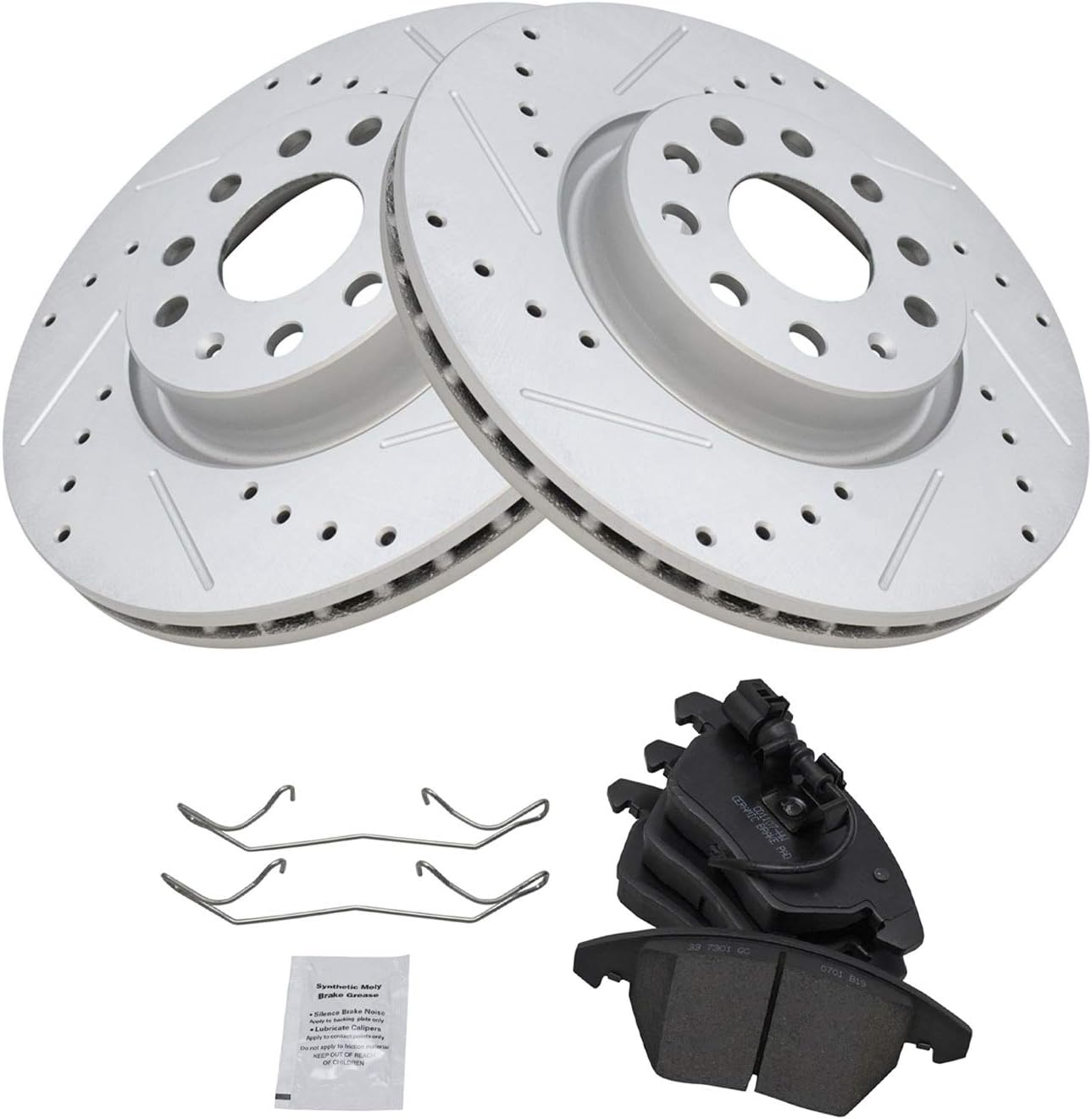 TRQ Performance Front Brake Pad and Rotor Set Ceramic Drilled Slotted Coated Vented Rotors Compatible with 05-17 Volkswagen Jetta GTI Passat Eos CC Beetle 06-14 Audi A3 A3 Quattro TT TT Quattro