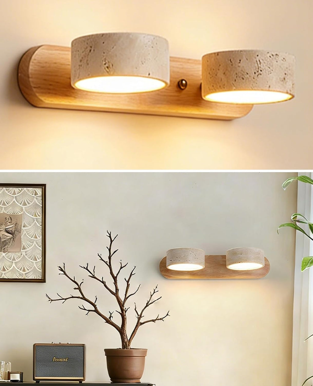 Natural Wood Vanity Light, 12.6 Inches Wabi Sabi Travertine Wall Sconce with 360° Rotatable Natural Stone Lampshade and Wooden Base Nordic Style Farmhouse Vanity Lights for Bathroom (2 Lights)