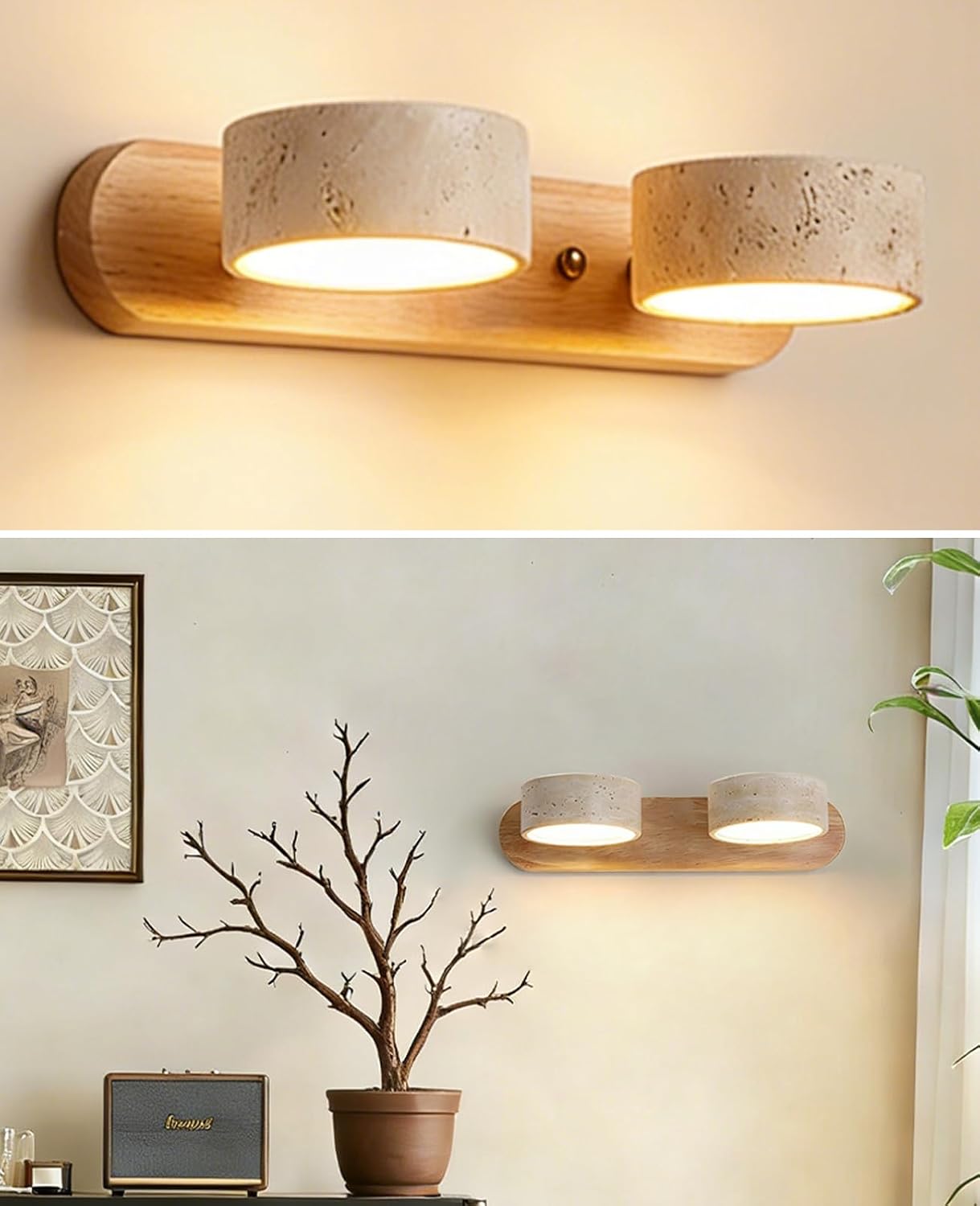 Natural Wood Vanity Light, 12.6 Inches Wabi Sabi Travertine Wall Sconce with 360° Rotatable Natural Stone Lampshade and Wooden Base Nordic Style Farmhouse Vanity Lights for Bathroom (2 Lights)