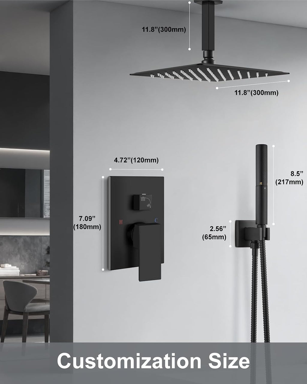Aolemi Ceiling Mount Shower Faucet Set,Shower System Rain Showerhead and Handheld Spray Combo High-Pressure Showerheads Set with Valve and Trim Kit Rough-in Valve,12 Inch Matte Black