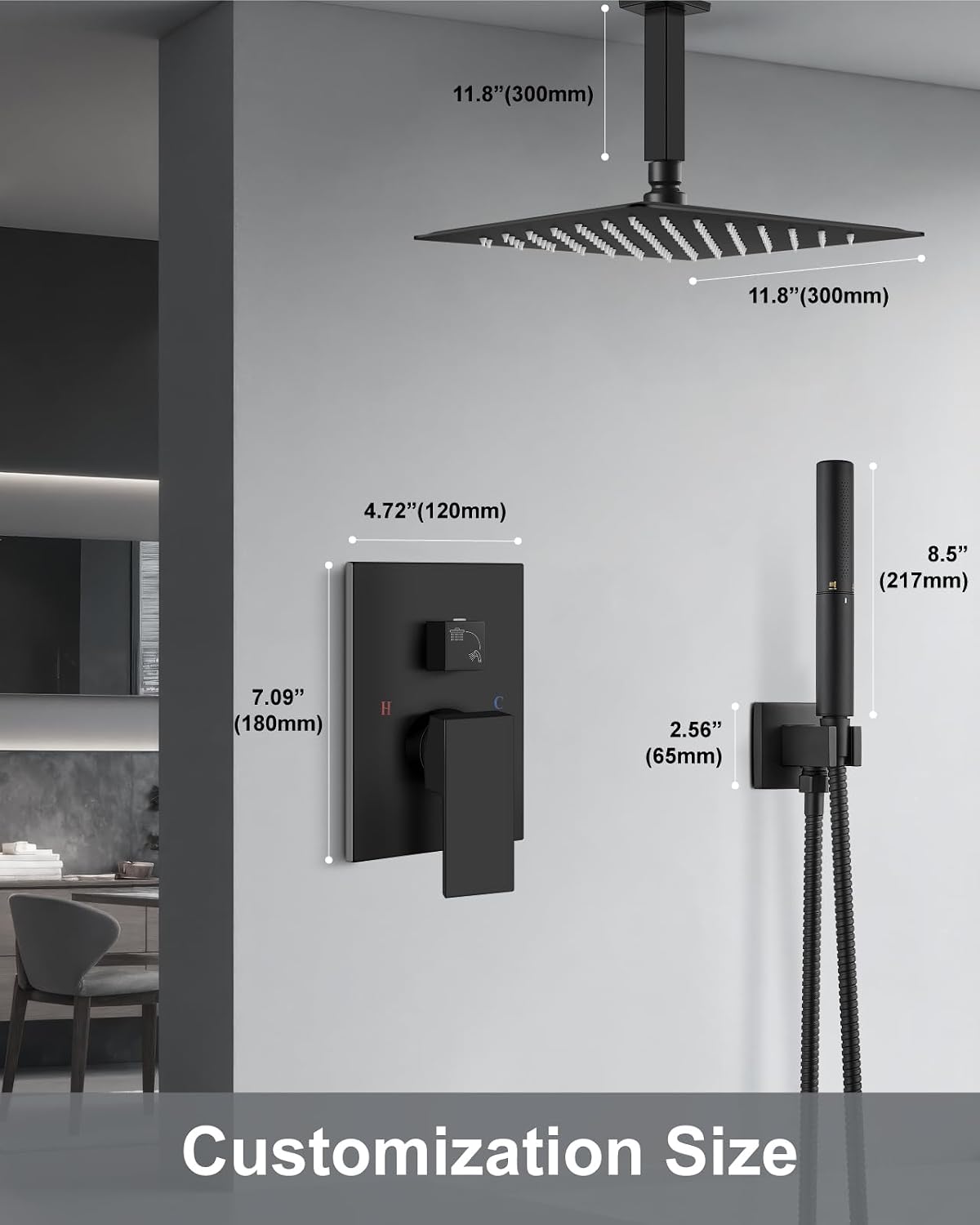 Aolemi Ceiling Mount Shower Faucet Set,Shower System Rain Showerhead and Handheld Spray Combo High-Pressure Showerheads Set with Valve and Trim Kit Rough-in Valve,12 Inch Matte Black
