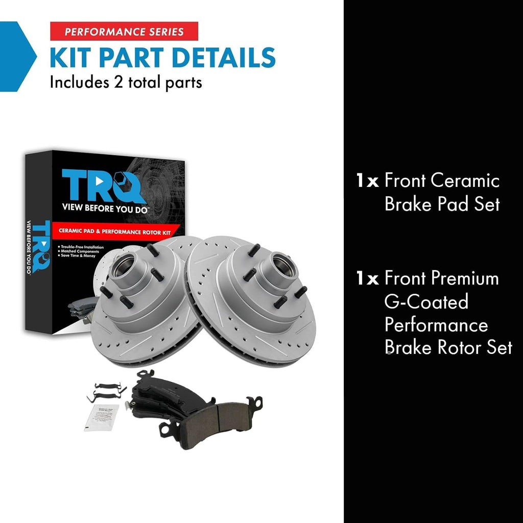 TRQ Performance Front Brake Pad and Rotor Set Ceramic Drilled Coated Rotors Compatible with 91-96 Buick Roadmaster Chevrolet Caprice 94-96 Impala 91-92 Oldsmobile Custom Cruiser Cadillac Brougham