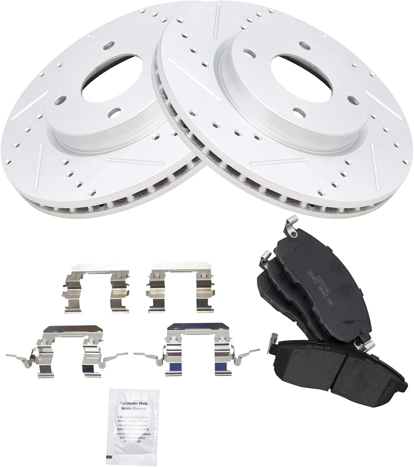 TRQ Performance Front Brake Pad and Rotor Set Ceramic Drilled Slotted Coated Vented Rotors Compatible with 2009-2014 Nissan Cube 2007-2012 Sentra 2007-2012 Versa