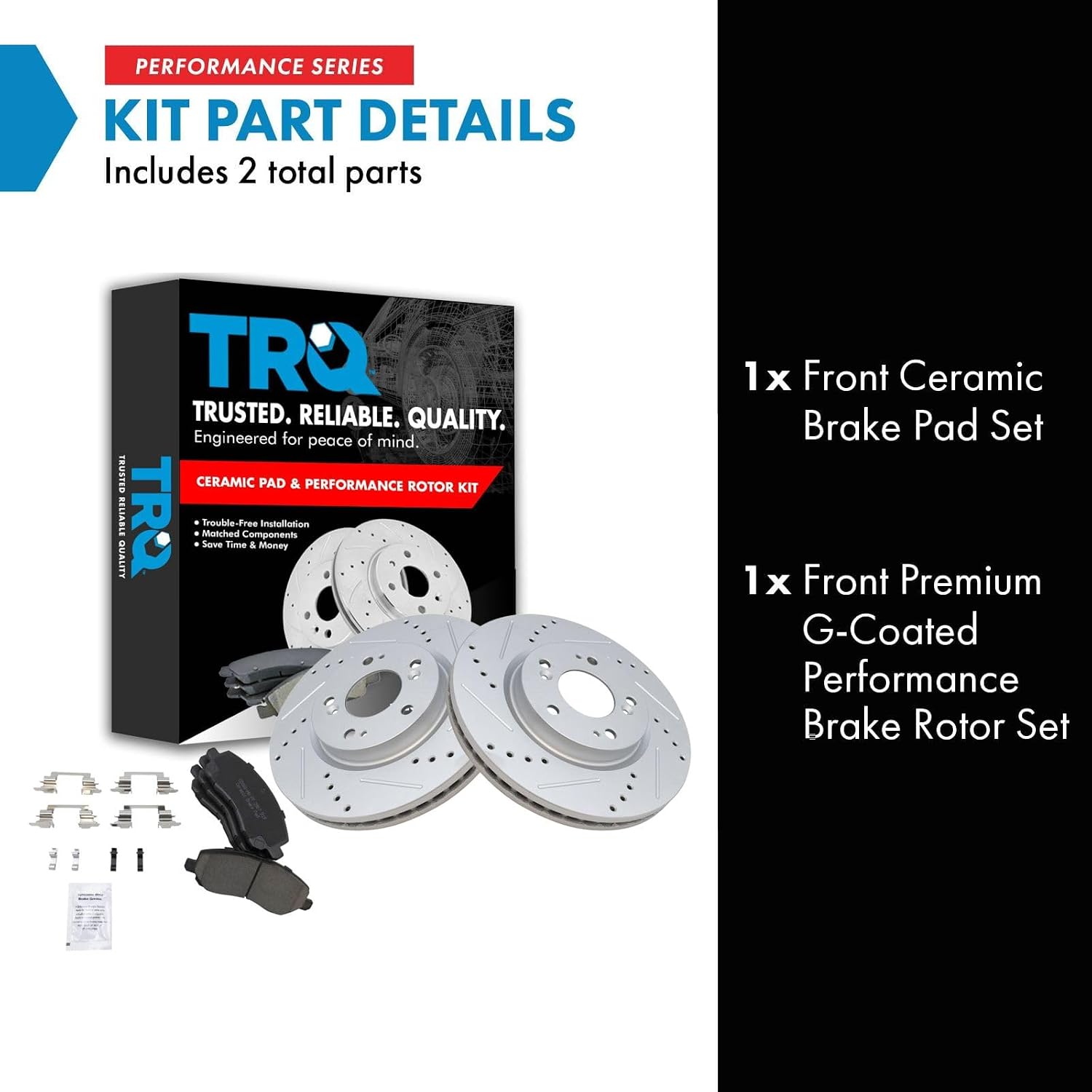 TRQ Performance Front Brake Pad & Rotor Kit Ceramic Premium G-Coated Slotted X Drilled Compatible with 07-14 Chrysler Dodge 07-17 Jeep 04-21 Mitsubishi