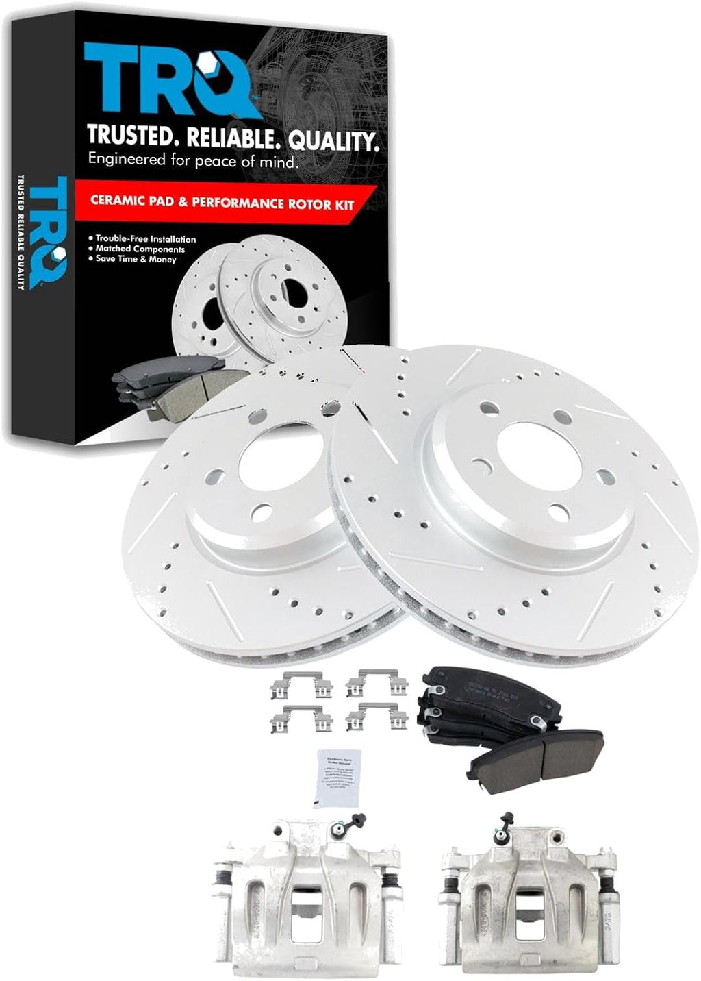 TRQ Performance Front Brake Pad and Rotor Set Ceramic Drilled Slotted Coated Vented Rotors Calipers Compatible with 2005-2010 Chrysler 300 2005-2008 Magnum 2006-2011 Dodge Charger 2009-2011 Challenger