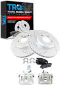 TRQ Performance Front Brake Pad and Rotor Set Ceramic Drilled Slotted Coated Vented Rotors Calipers Compatible with 2005-2010 Chrysler 300 2005-2008 Magnum 2006-2011 Dodge Charger 2009-2011 Challenger