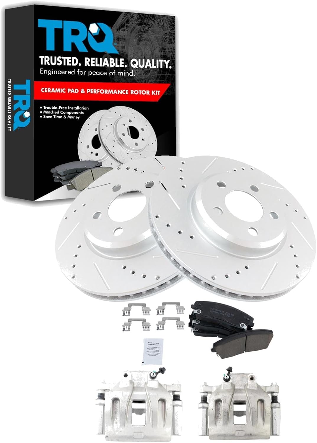 TRQ Performance Front Brake Pad and Rotor Set Ceramic Drilled Slotted Coated Vented Rotors Calipers Compatible with 2005-2010 Chrysler 300 2005-2008 Magnum 2006-2011 Dodge Charger 2009-2011 Challenger