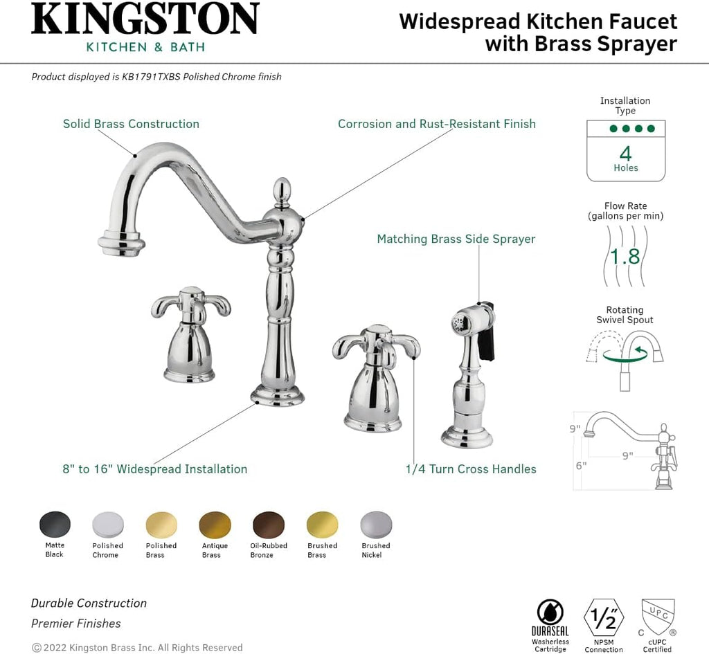 Kingston Brass KB1792TXBS French Country Widespread Kitchen Faucet with Brass Sprayer, Polished Brass