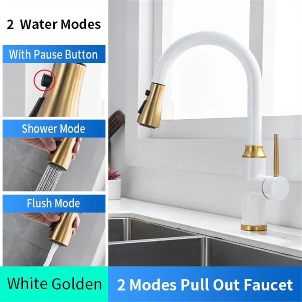 Kitchen Pull-Out Telescopic Faucet Hot and Cold Water Tank Mixing Valve Black Gold Kitchen Faucet(White)