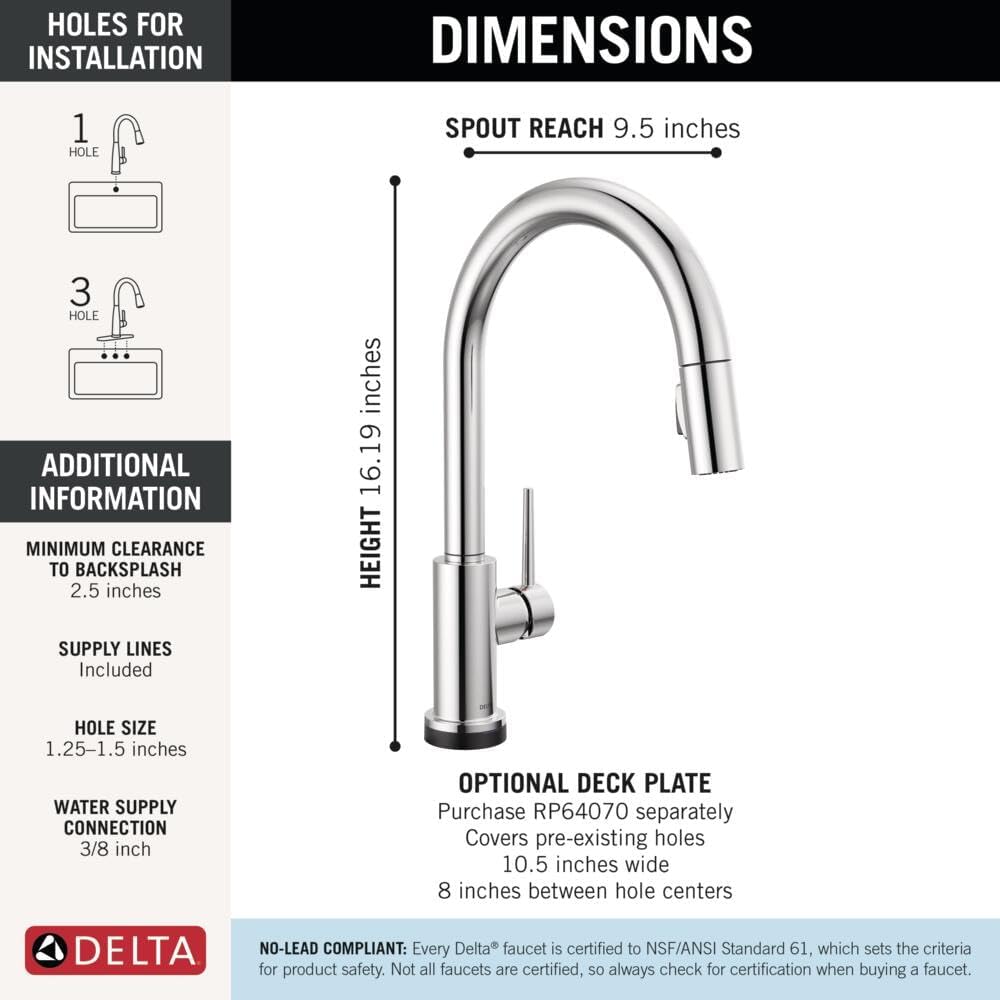 Delta Trinsic Touchless Kitchen Faucet with Touch Technology, Chrome Kitchen Sink Faucet with Pull Down Sprayer, Single Hole, Chrome 9159TL-DST