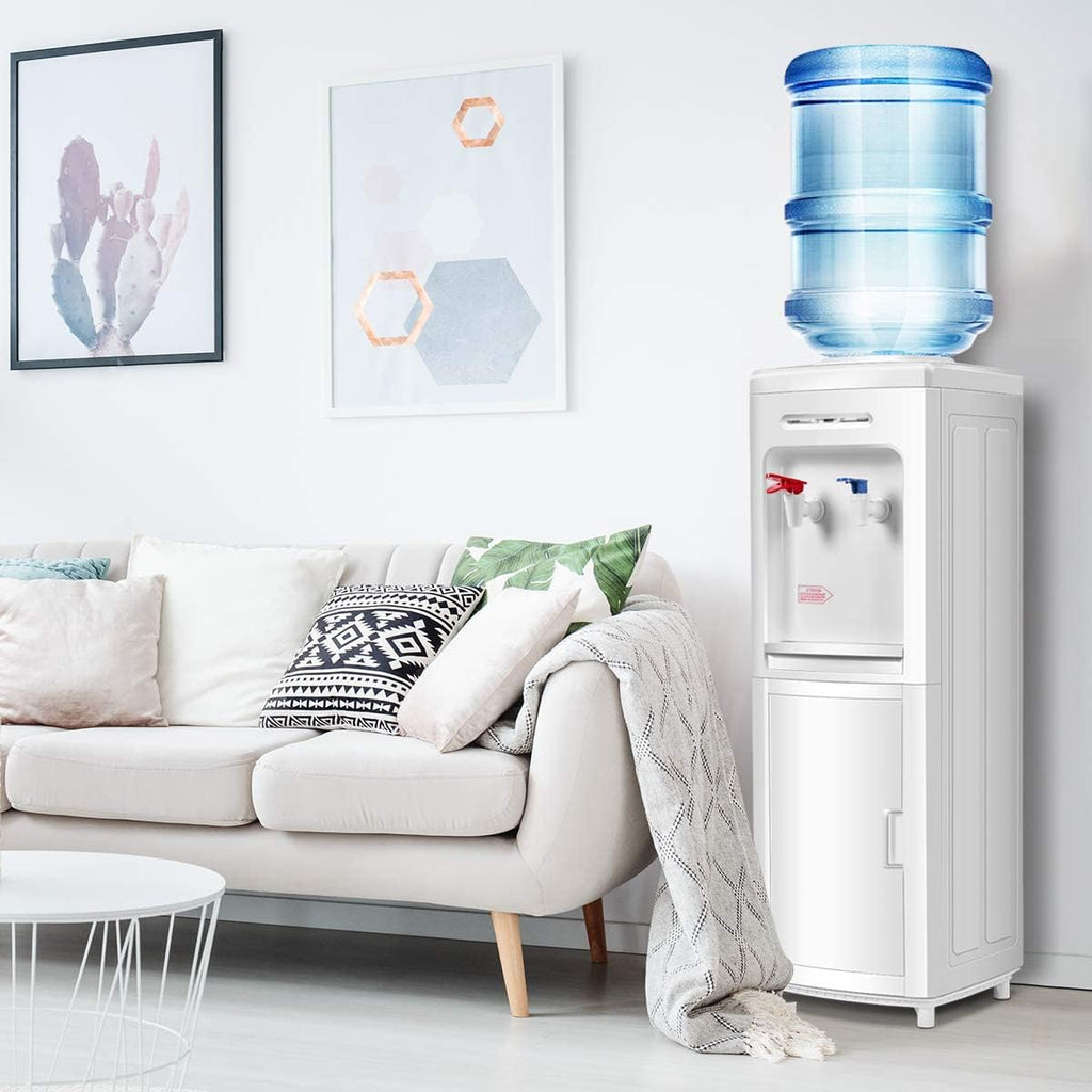 Rainfally Top Loading Water Cooler Dispenser, 3-5 Gallon Hot & Cold Dual-use Water Dispenser w/Bottom Storage Cabinet, Child Safe Lock, Energy-Saving Approved (White)