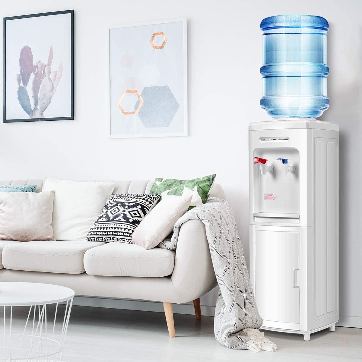 Rainfally Top Loading Water Cooler Dispenser, 3-5 Gallon Hot & Cold Dual-use Water Dispenser w/Bottom Storage Cabinet, Child Safe Lock, Energy-Saving Approved (White)