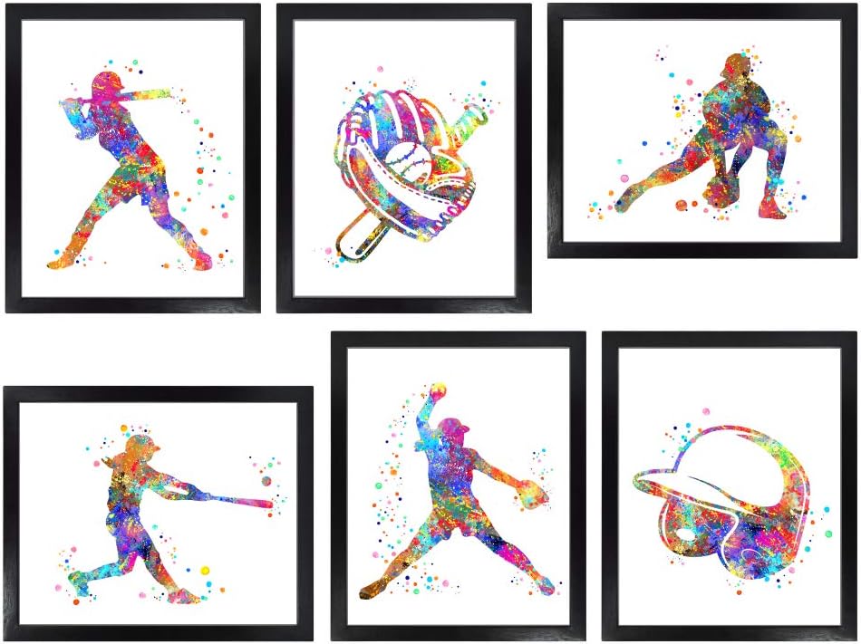 Dignovel Studios 24X36 Unframed (Set of 6) Watercolor Art Print Poster Girl Baseball Softball Helmet Glove Ball bat Blazer Sport Bedroom dnc4