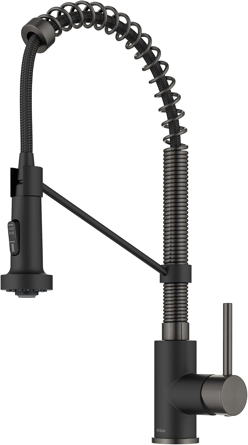 KRAUS Bolden Commercial Style 2-Function Single Handle Pull Down Kitchen Faucet in Matte Black/Black Stainless, KPF-1610MBSB (Pack of 1)