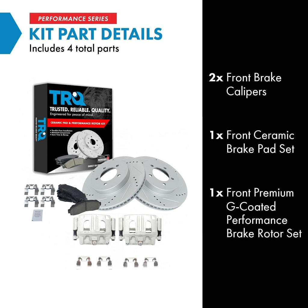 TRQ Performance Front Brake Pad and Rotor Set Ceramic Drilled Slotted G Coated Vented Rotors Calipers Compatible with 2002-2005 Ford Explorer Mercury Mountaineer