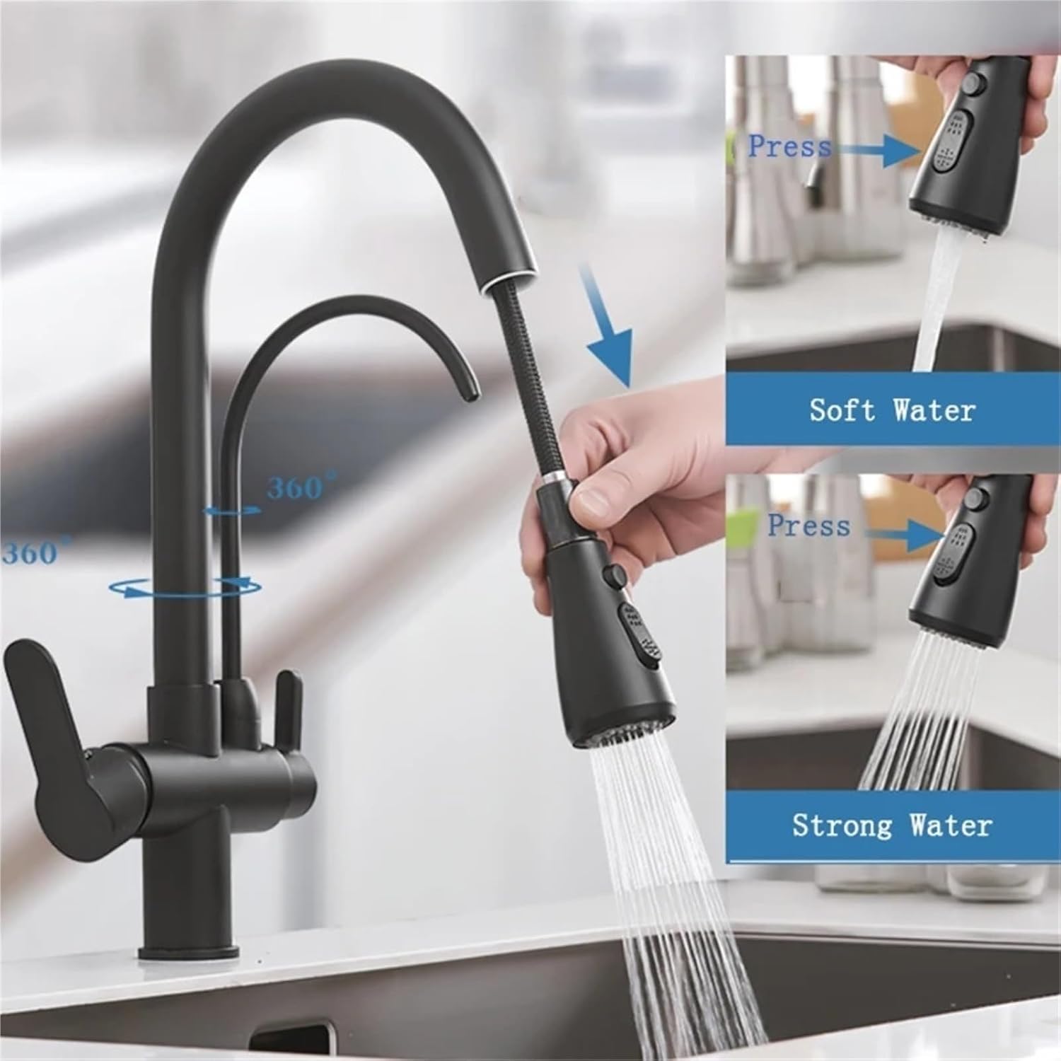 Filter Kitchen Faucet Brass Kitchen Faucet with Pure Water Pull Out Rotatble Hot Cold(Golden)