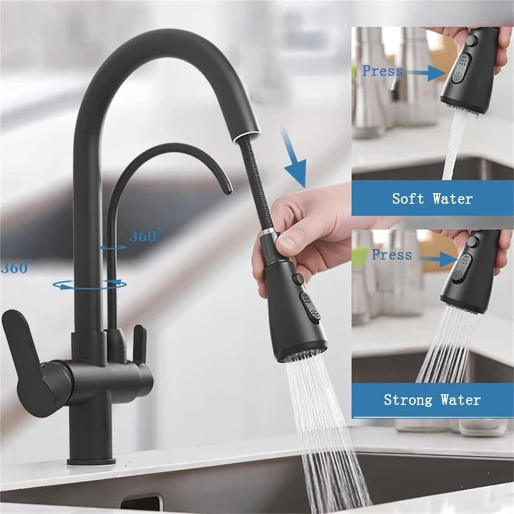 Filter Kitchen Faucet Brass Kitchen Faucet with Pure Water Pull Out Rotatble Hot Cold(Chrome)