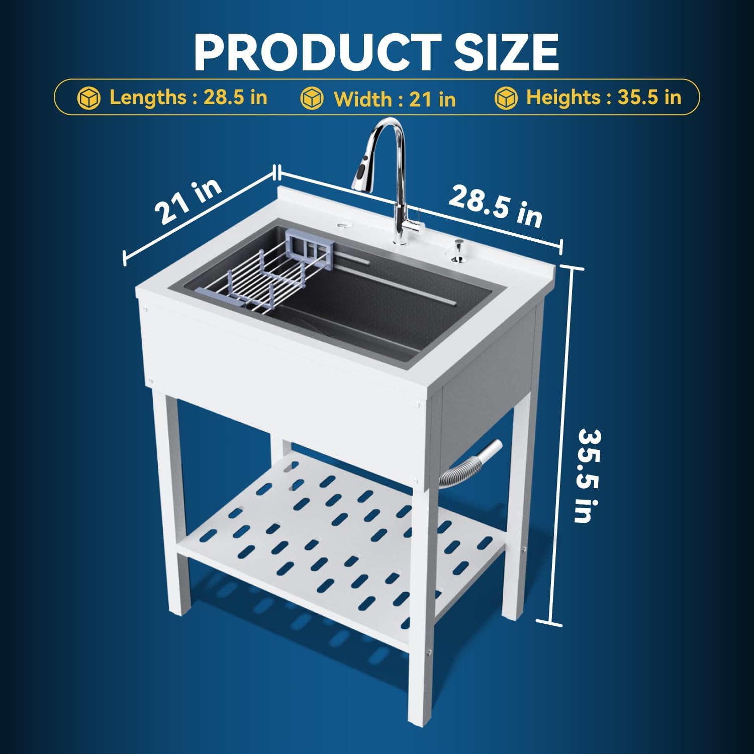 29' Freestanding Utility Sink，Heavy Duty Stainless Steel Laundry Room Sink，Commercial Kitchen Sinks with Hot & Cold Water for Garage,Kitchens Outdoor (29 * 21 * 36 White)