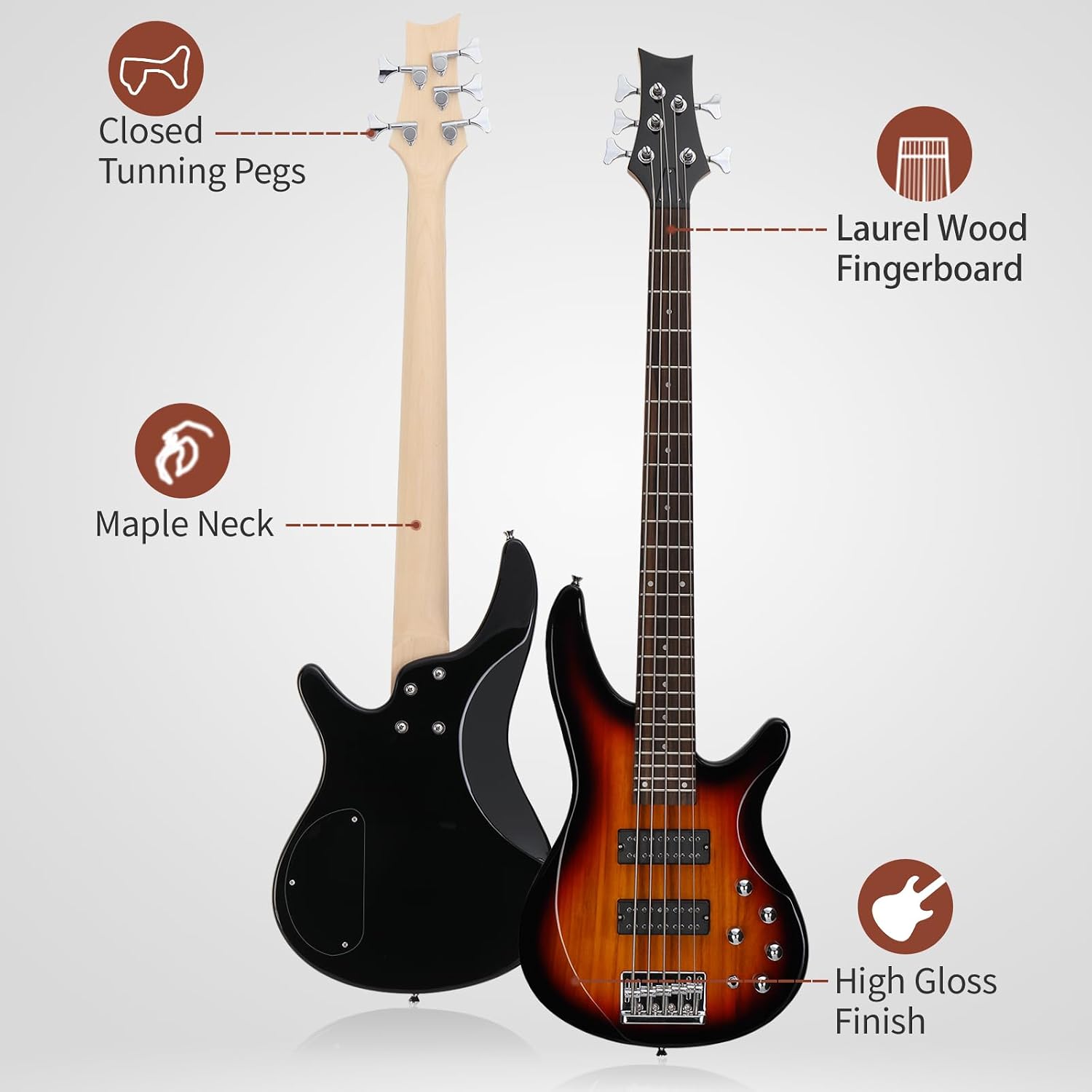 Ktaxon 5 String Electric Bass Guitar, Full Size Standard Right Handed Rosewood Fretboard Bass Kit with Gig Bag Strap Cable Wrench Tool (Upgraded Sunset)