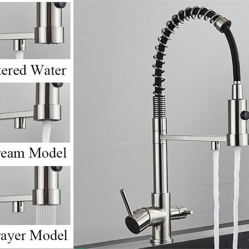 Filtered Kitchen Faucet Pure Drinking Water Brass Kitchen Tap Daul Spout Water Purifier Faucet(Brushed Nickel)