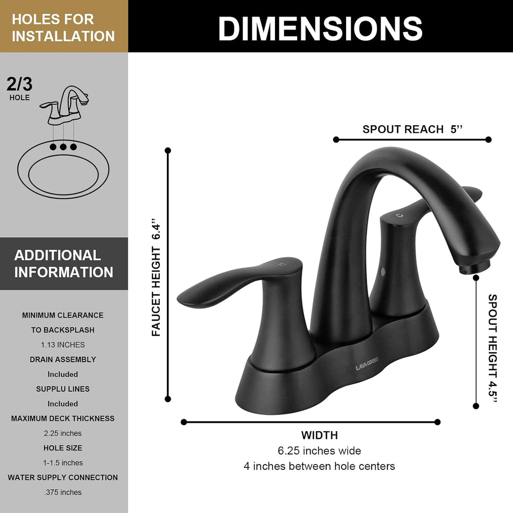 Matte Black Bathroom Faucet, Lava Odoro 4 Inch Centerset Bathroom Sink Faucet 2 Handle Vanity Faucet with Pop up Drain Assembly Supply Line, BF423-MB