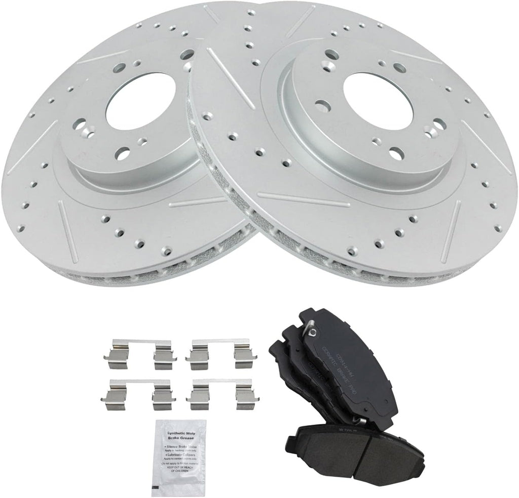 TRQ Performance Front Brake Pad and Rotor Set Ceramic Coated Drilled Slotted Vented Rotors Compatible with 2005-2006 Honda CR-V 2012-2015 Civic 2013-2015 Acura ILX