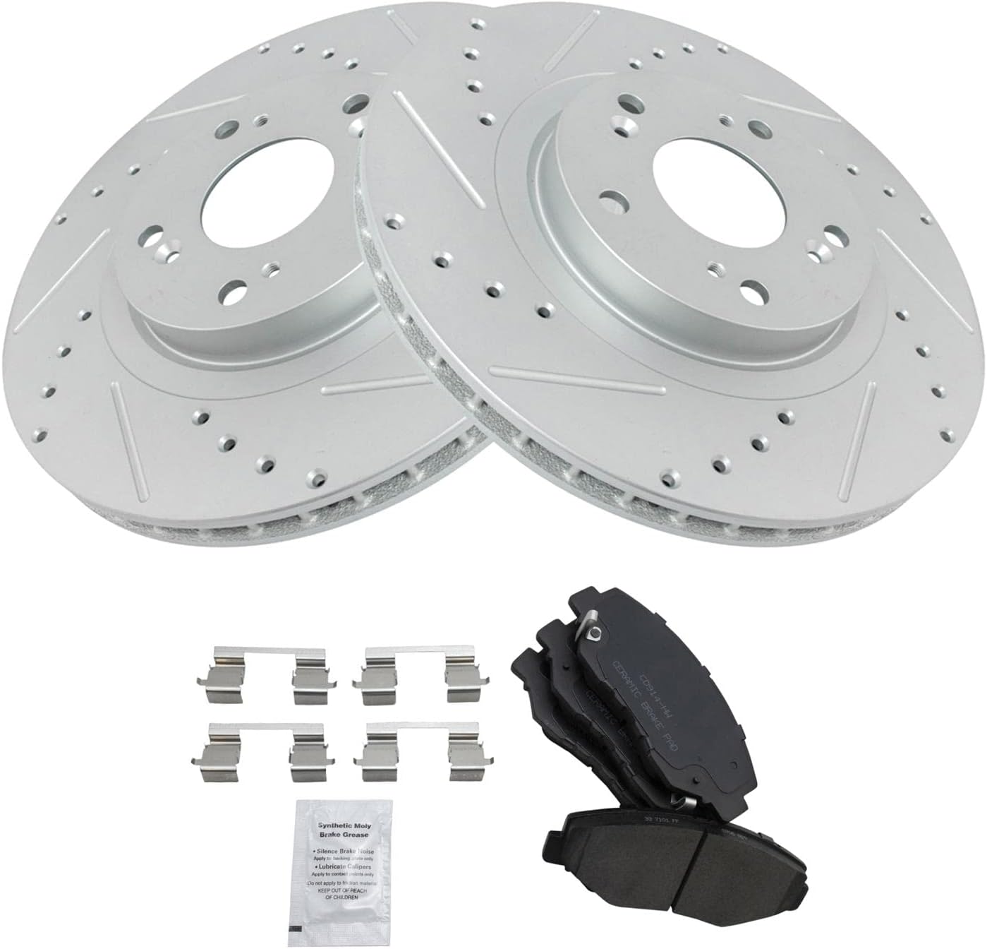 TRQ Performance Front Brake Pad and Rotor Set Ceramic Coated Drilled Slotted Vented Rotors Compatible with 2005-2006 Honda CR-V 2012-2015 Civic 2013-2015 Acura ILX