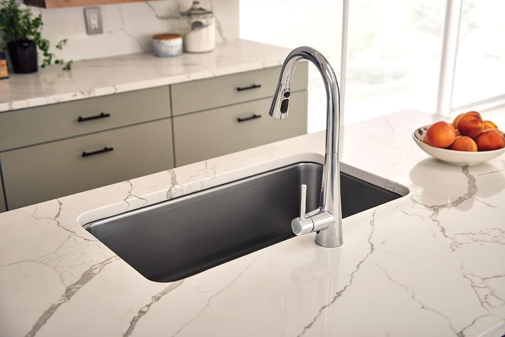 Moen Sleek Chrome Pulldown Kitchen Faucet Featuring Pull Down Sprayer with Power Boost, High Arc Modern Kitchen Faucet, One-Handle Easy Installation, 7864