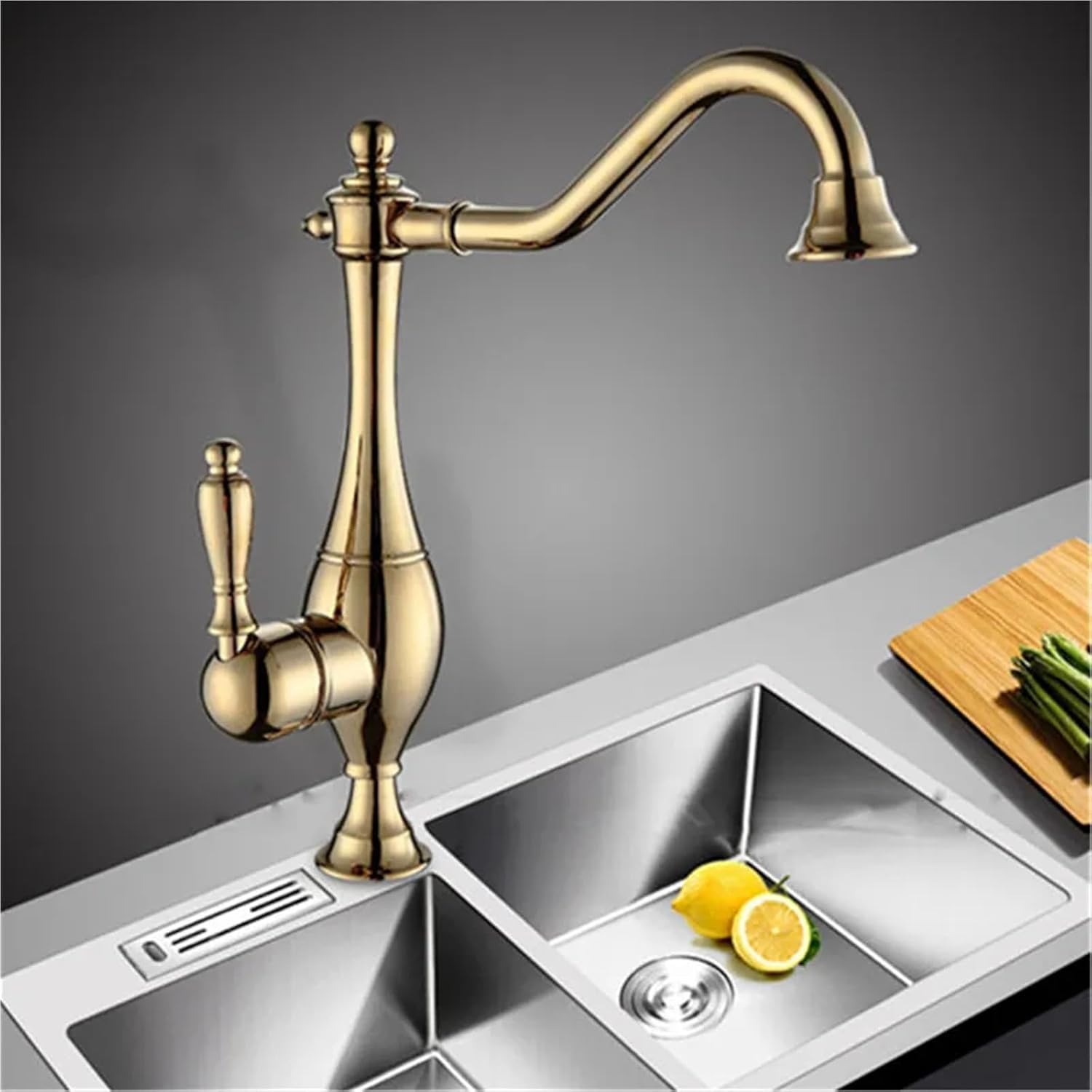 Kitchen Mixer Faucets Hot & Cold Solid Brass Sink Water Taps Single Handle Deck Mounted Crane Vessel(Gold)