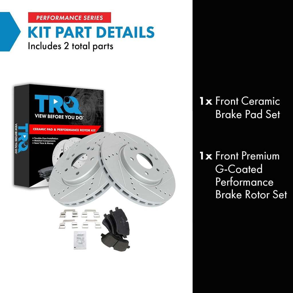 TRQ Performance Front Brake Pad & Rotor Set Ceramic Drilled Coated Rotors Compatible with 01-05 Mercedes-Benz C320 03-05 C240 CLK320 06-07 C280 C350 06-09 CLK350 06-08 SLK280 09-11 SLK300