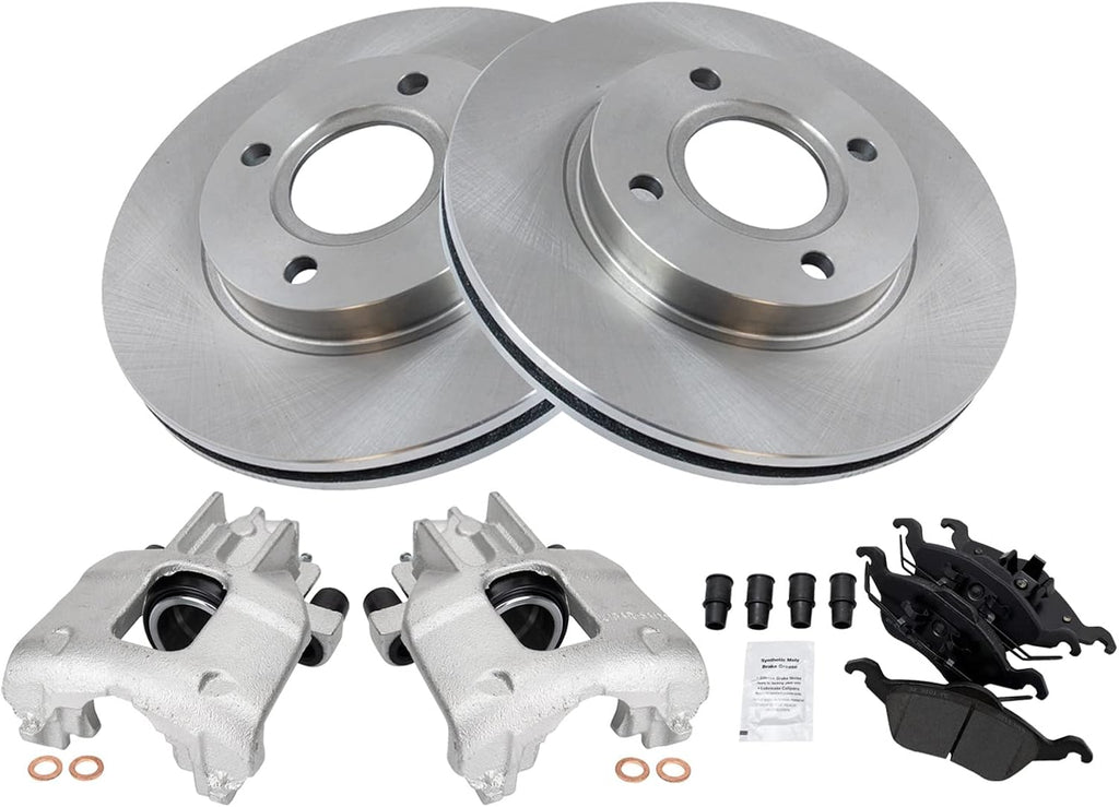 TRQ Front Brake Pad and Rotor Set Semi Metallic Vented Rotors Calipers Compatible with 2000-2004 Ford Focus