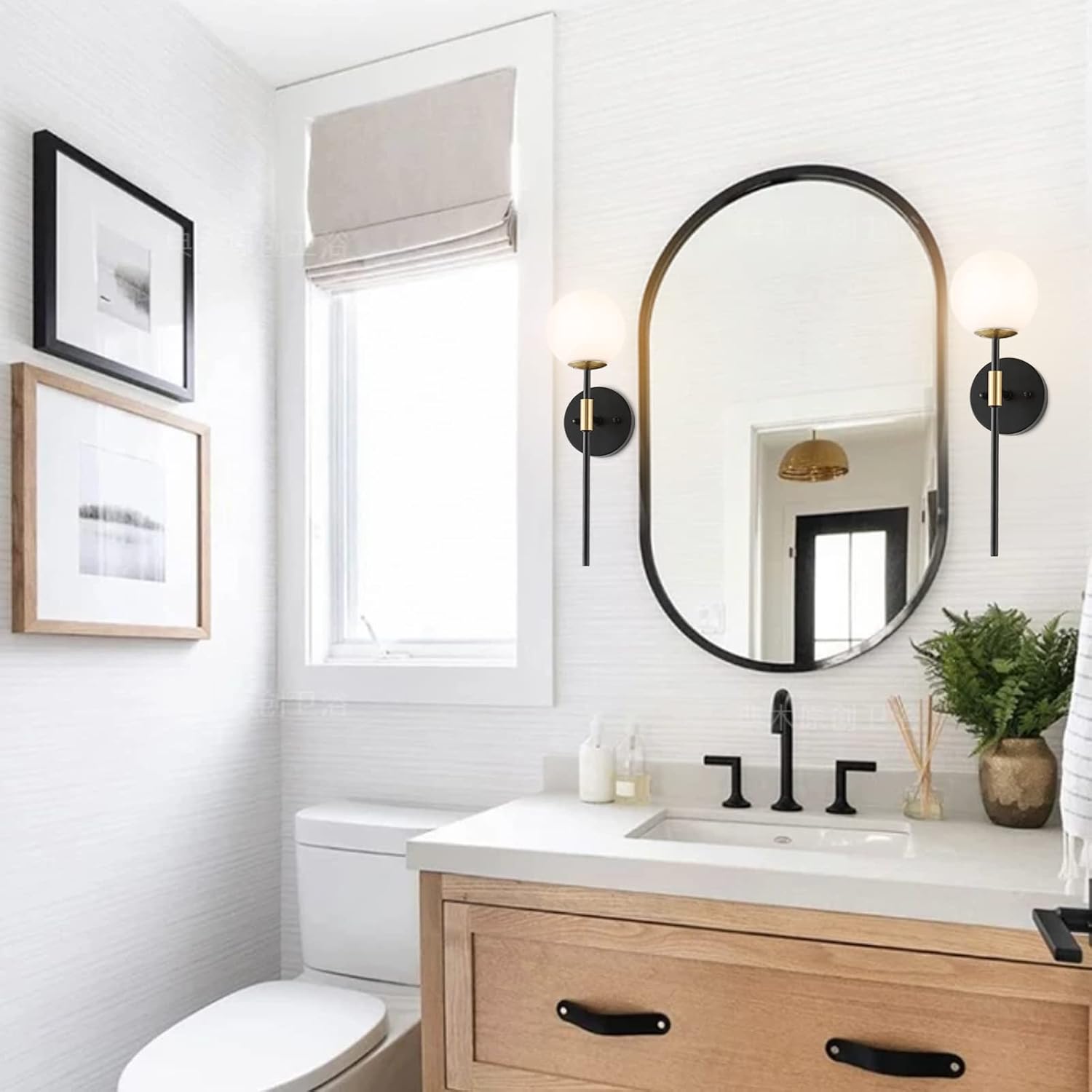 BYOLIIMA Industrial Mid Century Wall Sconce Set of 2 with White Globe Glass Shades Modern Bathroom Vanity Wall Lamp Black and Gold Finished Wall Light Fixture